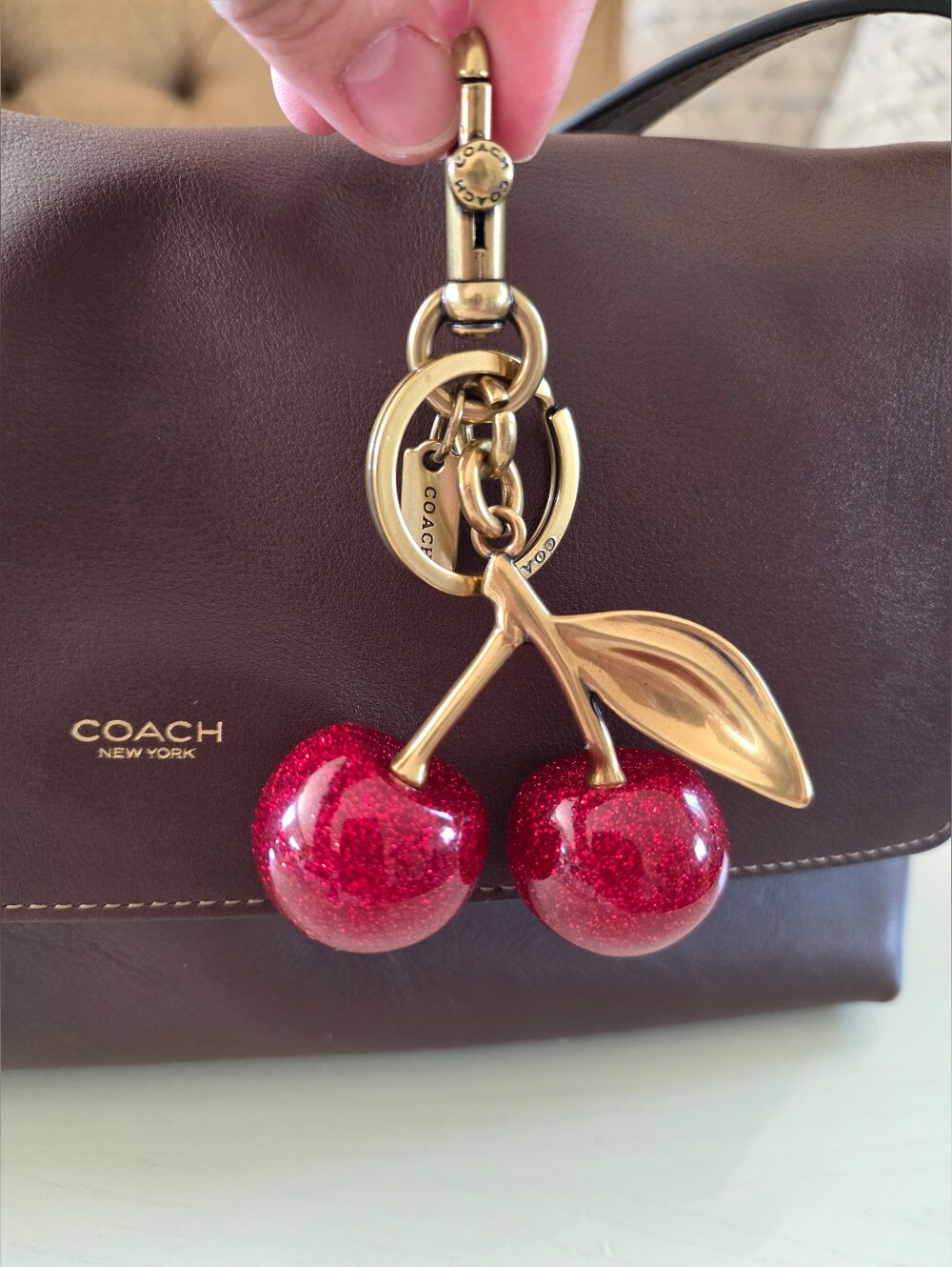Coach Cherry Bag Charm Red Glitter Keychain Gold stem & leaf